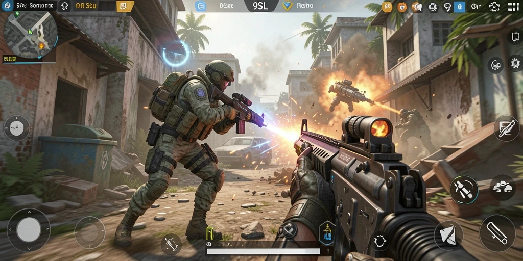 Screenshot gameplay 9SL menampilkan aksi menembak yang intens.