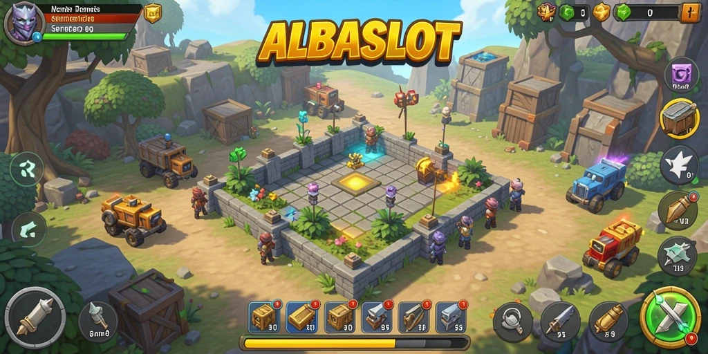 Screenshot utama ALBASLOT menunjukkan gameplay Tower Defense yang menarik.