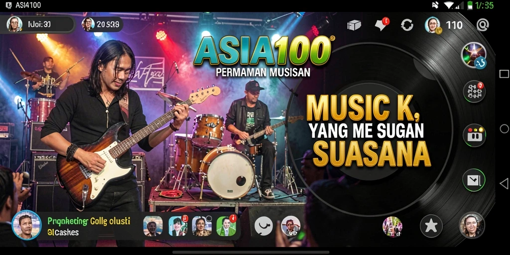 Tampilan gameplay ASIA100 yang menarik dengan berbagai fitur musik.