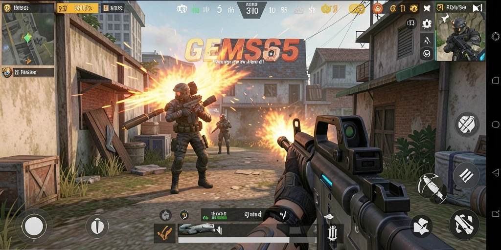 Tangkapan layar gameplay GEMS365 menampilkan aksi seru dalam pertempuran FPS.