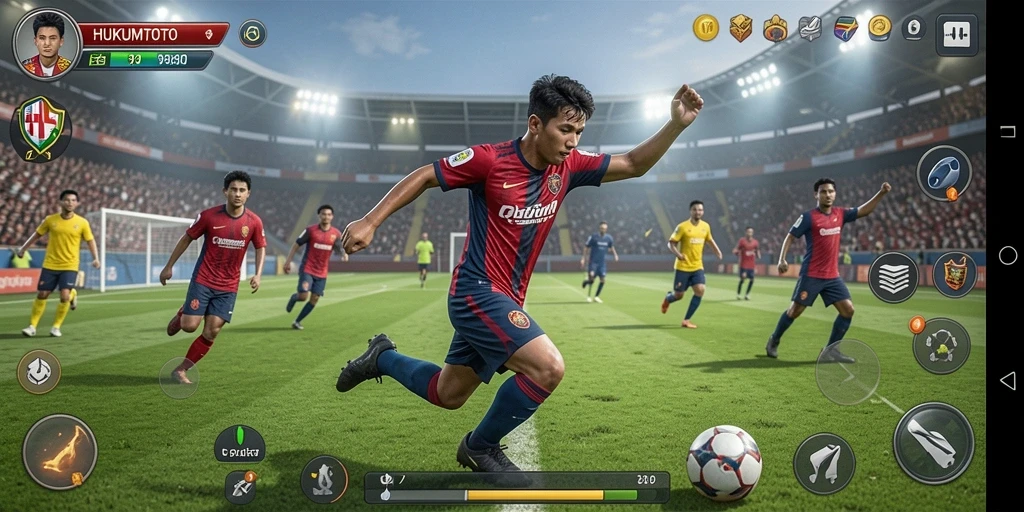 Tampilan gameplay menyerupai pertandingan sepakbola nyata.