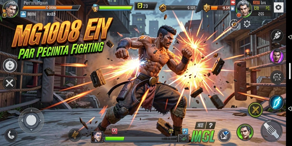 Screenshot game MG108 menampilkan pertarungan intens antara karakter di arena.