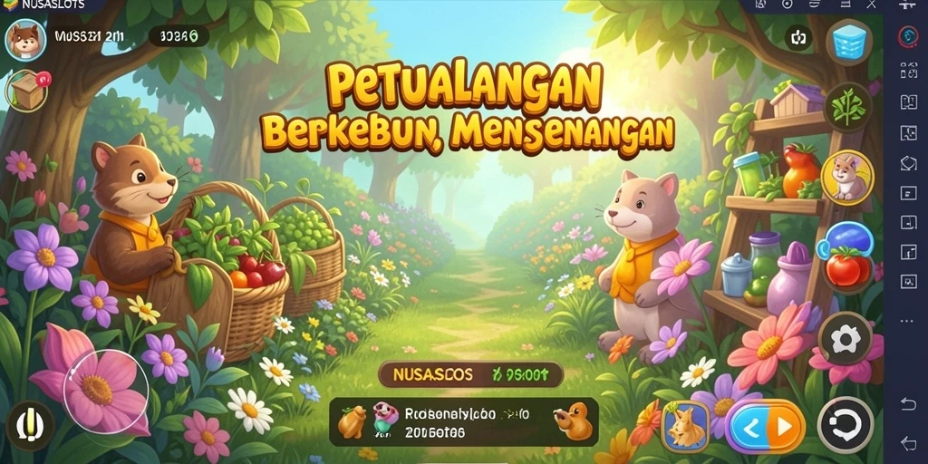 Screenshot NUSASLOTS menampilkan kebun yang penuh warna dan interaksi pemain.