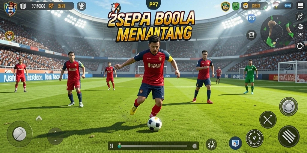 Screenshot utama PP7 menampilkan aksi seru di lapangan sepak bola.