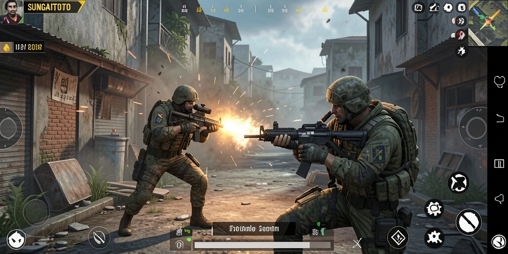 Screenshot gameplay SUNGAITOTO menampilkan aksi tembak menembak yang mendebarkan.